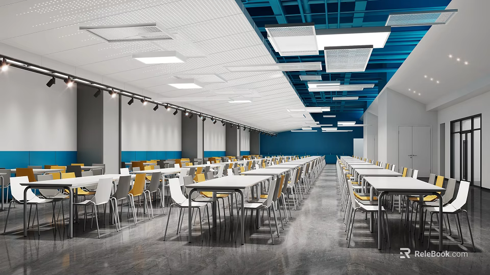 Spacious Restaurant Interior With Long Tables Blue White Walls And Ceiling Lighting 3d model