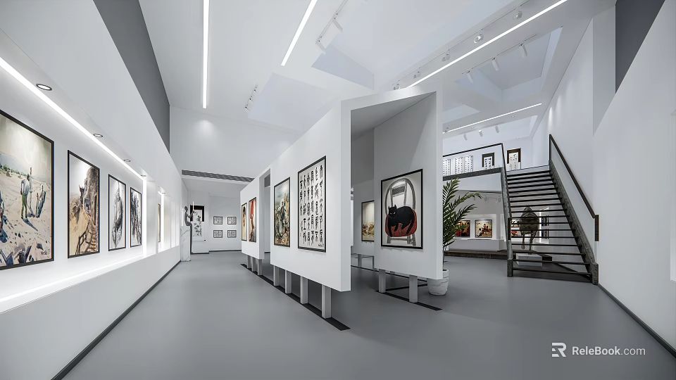 Modern Art Gallery Interior Design With Spacious Display Areas Paintings And Staircase 3d model 