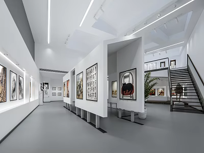 Modern Art Gallery Interior Design With Spacious Display Areas Paintings And Staircase 3d model