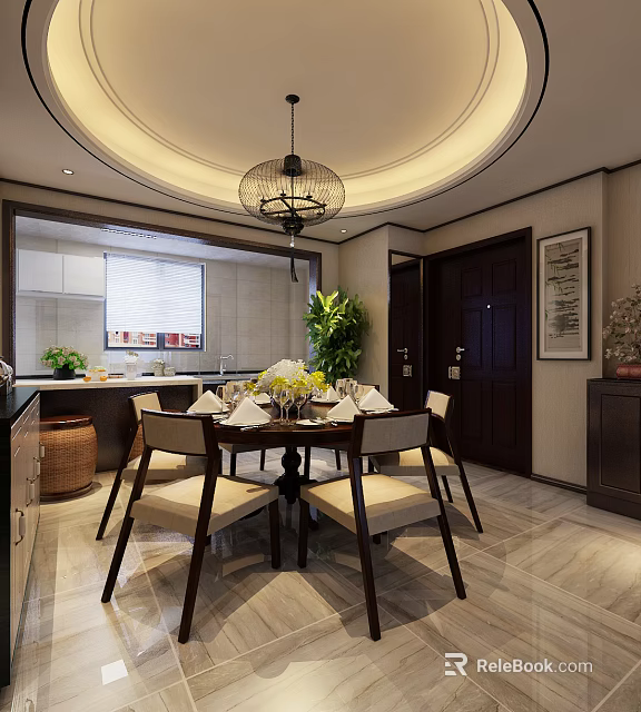Modern Restaurant Interior With Dining Table Chairs Chandelier Open Kitchen Green Plant And Decorative Painting 3d model 