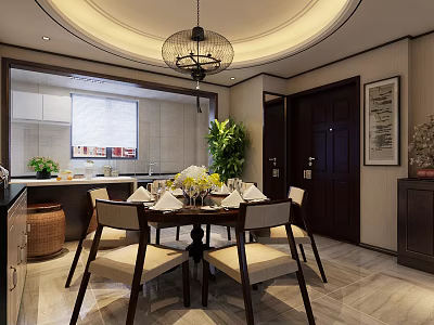 Modern Restaurant Interior With Dining Table Chairs Chandelier Open Kitchen Green Plant And Decorative Painting 3d model