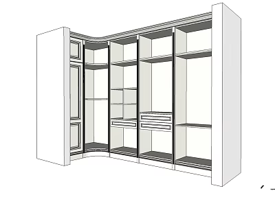 Open Concept Wardrobe Design With Multiple Storage Shelves Compartments And Drawers 3d model