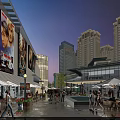 Vibrant Commercial Street With High Rise Buildings Outdoor Dining Areas And Evening Lights