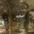Lush Greenery Decorated Hotel Public Lounge With Cozy Sofas And Pendant Lights