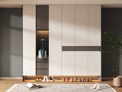 Modern White and Gray Shoe Cabinet with LED Lighting Indoor Plant and Clothing Hanging Area 3d model