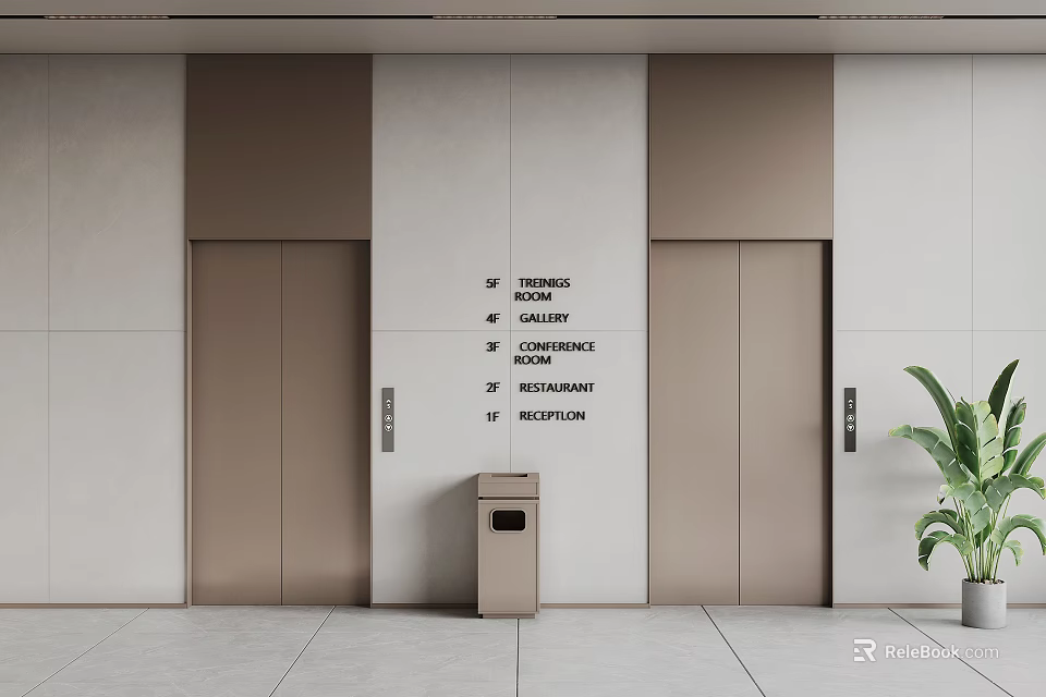 Modern Elevator Corridor With Signage Trash Bin And Potted Plant 3d model 