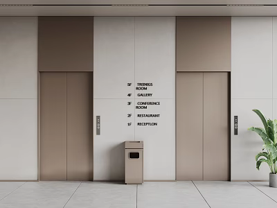 Modern Elevator Corridor With Signage Trash Bin And Potted Plant 3d model
