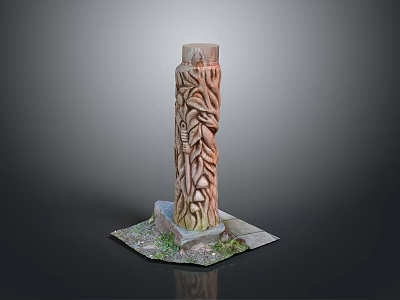 Scenic Landscape Featuring Carved Wooden Pillar With Leaf Patterns And Grass On Square Base 3d model
