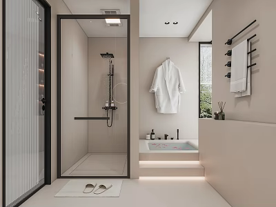 Modern Minimalist Bathroom Interior Design With Glass Shower Bathtub White Robe And Towel Rack 3d model