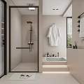 Modern Minimalist Bathroom Interior Design With Glass Shower Bathtub White Robe And Towel Rack