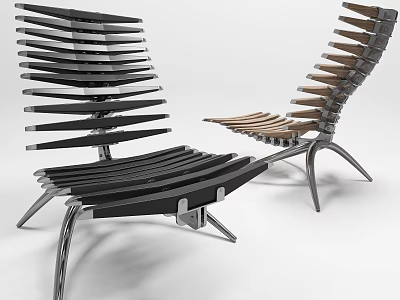 Modern Single Chair With Slatted Backrest And Metal Frame In Black And Wooden Tones 3d model
