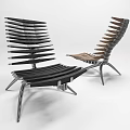 Modern Single Chair With Slatted Backrest And Metal Frame In Black And Wooden Tones