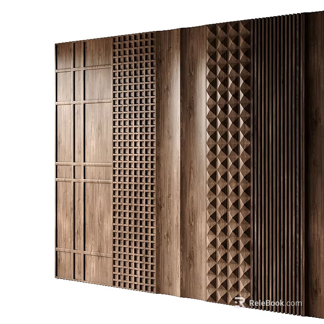 Wooden Wall Design With Grid Patterns Vertical Slats And Diamond Textures 3d model 
