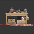 Vintage Daily Living Items On Wooden Table With Ceramic Vases And Straw Rug