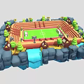 3D Model of Sports Stadium Building with Track Football Field Green Trees and Surrounding Rocks