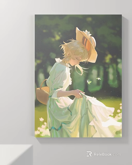 Portrait Of A Girl In Light Green Dress With Straw Hat And Butterflies In Garden 3d model 