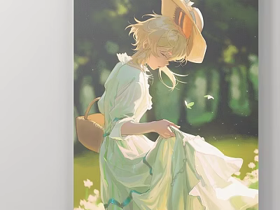 Portrait Of A Girl In Light Green Dress With Straw Hat And Butterflies In Garden 3d model