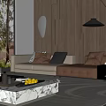 Modern Sofa Coffee Table Set With Throw Pillows Wooden Wall Recessed Lighting And Pendant Light