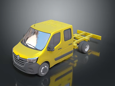 Yellow Modern Double Cab Truck With Flatbed Chassis And Reflective Surface 3d model