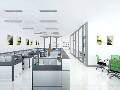 Modern Public Office Space With Open Cubicles Suspended Lighting Decorative Wall Art And Green Chairs 3d model