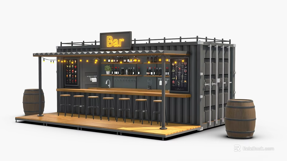 Outdoor Container Bar With Wooden Counter Stools Wine Bottles String Lights And Barrel Decor 3d model 