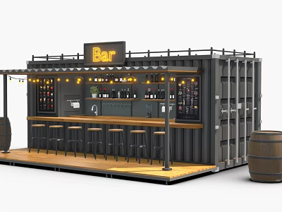 Outdoor Container Bar With Wooden Counter Stools Wine Bottles String Lights And Barrel Decor 3d model