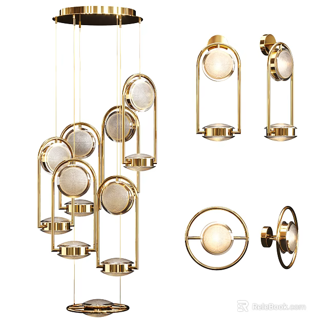 Modern Gold Lighting Combinations Featuring Pendant Lights Wall Sconces And Circular Glass Shades 3d model 