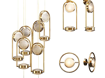Modern Gold Lighting Combinations Featuring Pendant Lights Wall Sconces And Circular Glass Shades 3d model