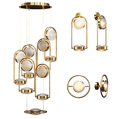 Modern Gold Lighting Combinations Featuring Pendant Lights Wall Sconces And Circular Glass Shades 3d model