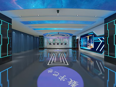 Hi tech Control Room With Blue Illuminated Lines Large Screen And Reflective Floor 3d model
