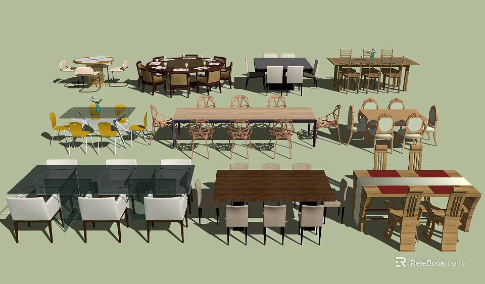 Various Dining Table and Chair Sets in Different Shapes Colors and Materials 3d model