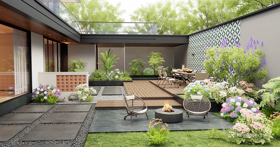 Lush Garden Courtyard Design With Wooden Deck Fire Pit Dining Set And Lush Green Plants 3d model 