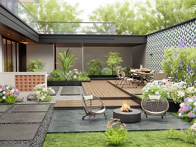 Lush Garden Courtyard Design With Wooden Deck Fire Pit Dining Set And Lush Green Plants 3d model