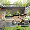 Lush Garden Courtyard Design With Wooden Deck Fire Pit Dining Set And Lush Green Plants