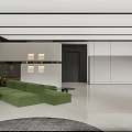 Modern Public Office Space With Open Layout Green Sofa Wooden Walls And Glass Doors