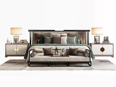 Modern Double Bed With Bedside Tables Table Lamps Decorative Pillows And Area Rug 3d model