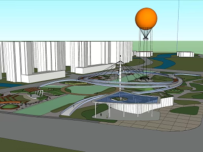 Park Landscape With Orange Hot Air Balloon Modern Buildings Curved Paths And Green Lawns 3d model