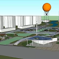 Park Landscape With Orange Hot Air Balloon Modern Buildings Curved Paths And Green Lawns