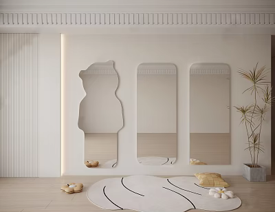 Unique Shaped Mirrors In Modern Minimalist Room Decor 3d model