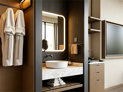 Modern Hotel Room Interior With Hanging Robes Backlit Mirror And Marble Countertop 3d model