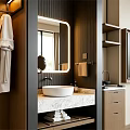 Modern Hotel Room Interior With Hanging Robes Backlit Mirror And Marble Countertop