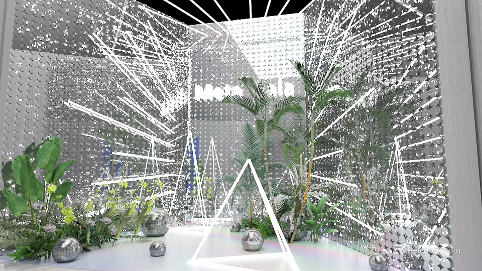 Floral Installation With Silver Reflective Material Geometric Lines White Triangular Structure And Green Plants 3d model 