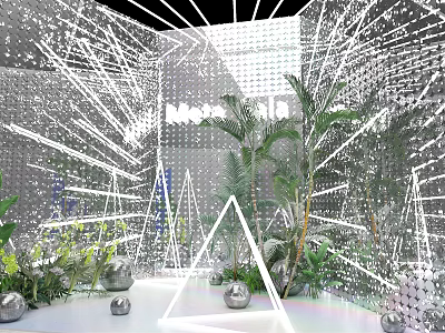 Floral Installation With Silver Reflective Material Geometric Lines White Triangular Structure And Green Plants 3d model
