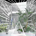 Floral Installation With Silver Reflective Material Geometric Lines White Triangular Structure And Green Plants 3d model