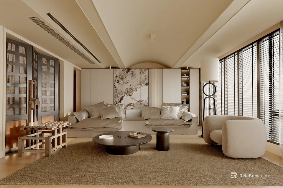 Modern Living Room Interior Design With Beige Sofa Round Coffee Tables Rug And Decorative Painting 3d model 