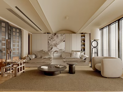 Modern Living Room Interior Design With Beige Sofa Round Coffee Tables Rug And Decorative Painting 3d model