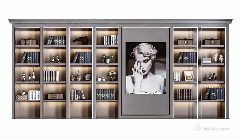 Modern Bookcase Interior With Books Decorative Items Green Plant And Portrait 3d model 