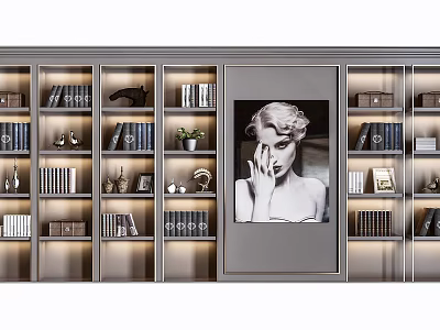 Modern Bookcase Interior With Books Decorative Items Green Plant And Portrait 3d model