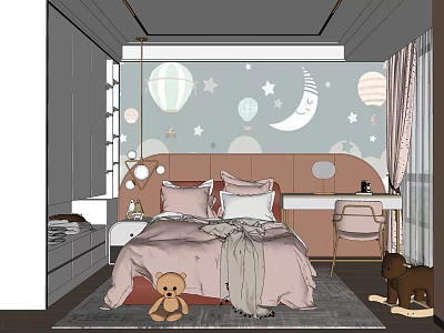 Kids Room With Balloon Star Moon Wall Mural Pink Bedding Desk Chair And Teddy Bear 3d model