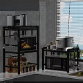 Modern Black Kitchen Storage Shelves With Microwave Rice Cooker And Utensils